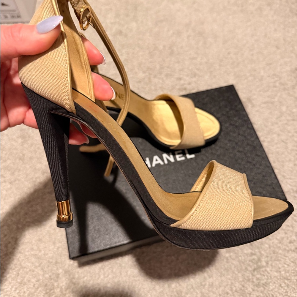 Chanel Gold and Black Ankle-Strap  Heel Sandals - Picture 4 of 5